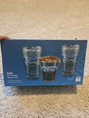 Ford Blue Pint Glass & Metal Snack Bucket Set Two 16 Oz Glasses 20oz Bucket New